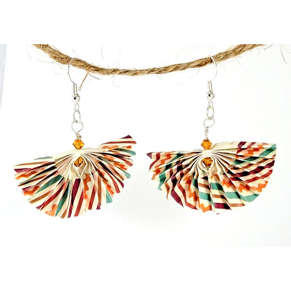 Multicolor Striped Origami Fan Earrings with Swarovski Beads - Picture 1 of 7